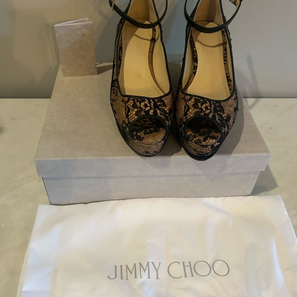 Jimmy Choo Black Lace and Nude Peep-Toe Wedge Heels